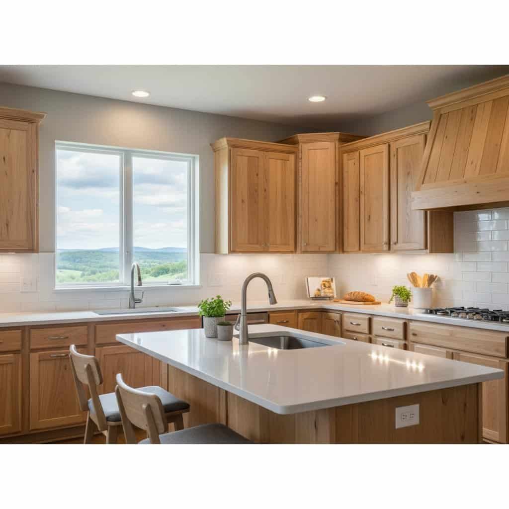 modern West Virginia kitchen featuring semi-custom, light-stained wooden cabinets paired with a sleek, light grey quartz countertop