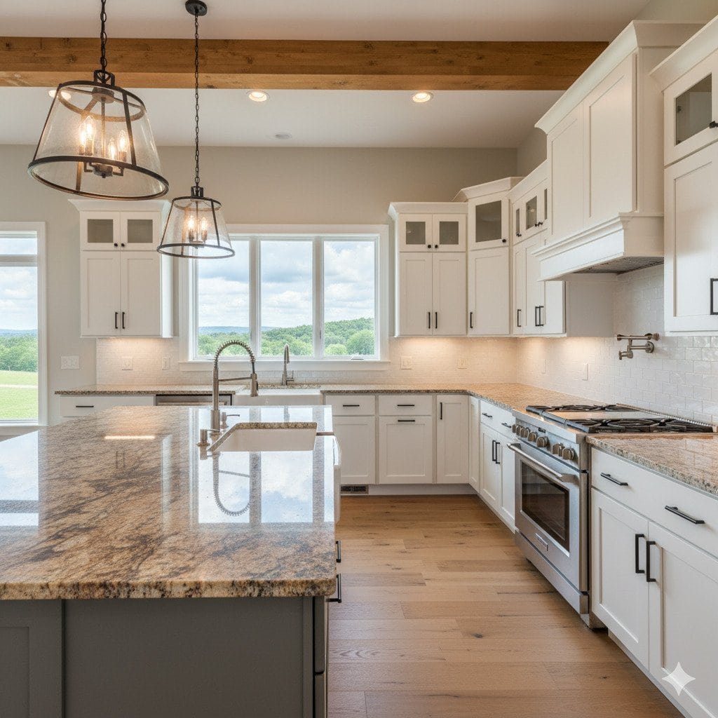 Natural granite countertops installed in West Virginia farmhouse kitchen