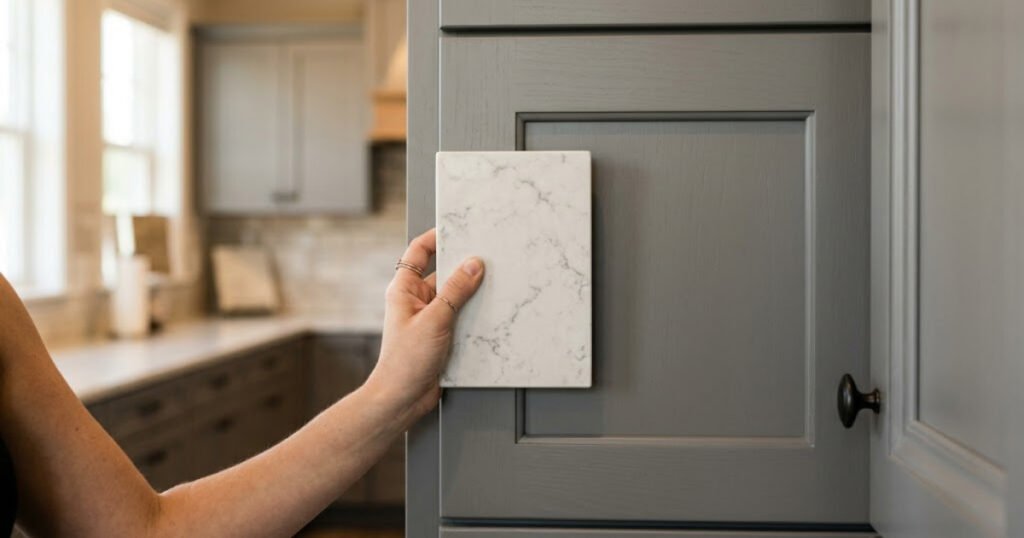 Comparing a countertop remnant sample against cabinet color in a showroom