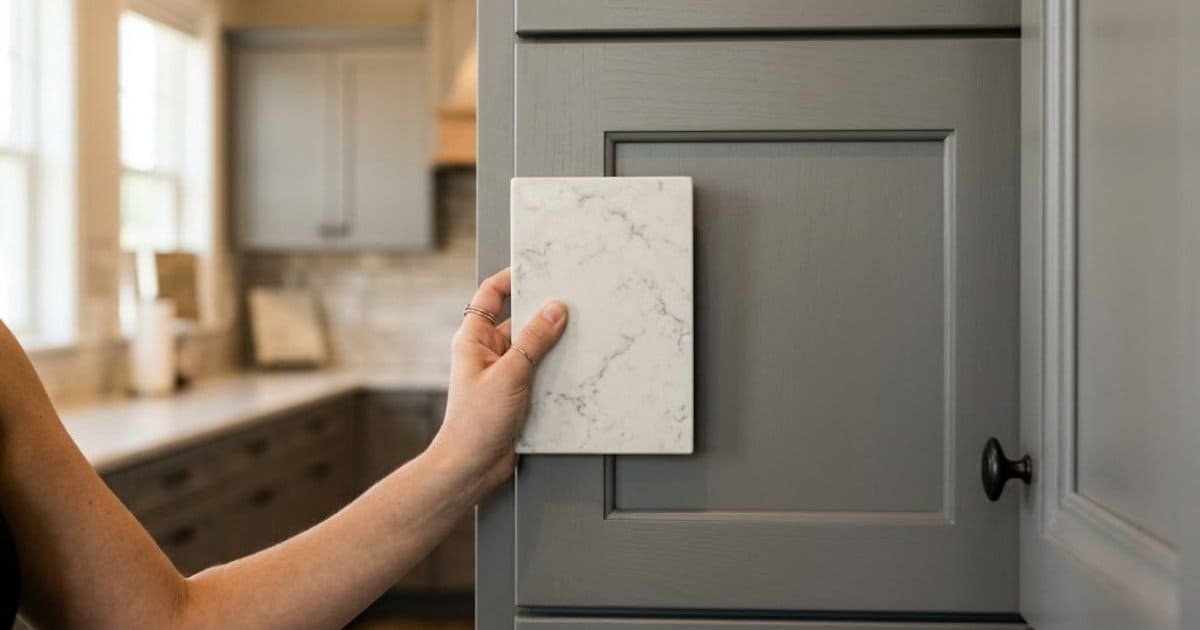 Comparing a countertop remnant sample against cabinet color in a showroom