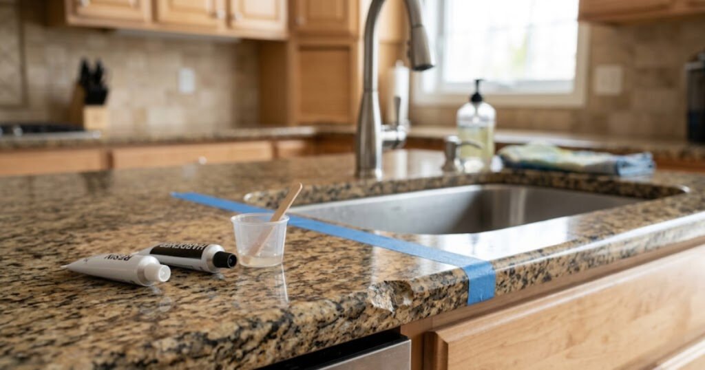 Countertop repair of a chipped granite edge with color-matched epoxy