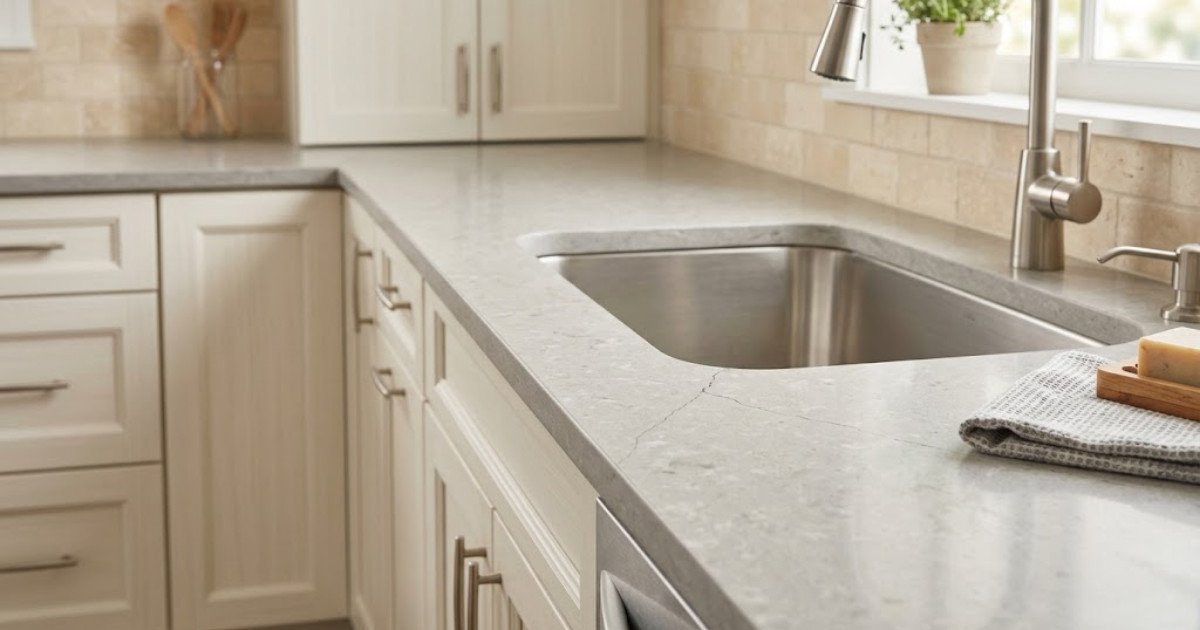 Hairline crack in a stone countertop near the sink cutout