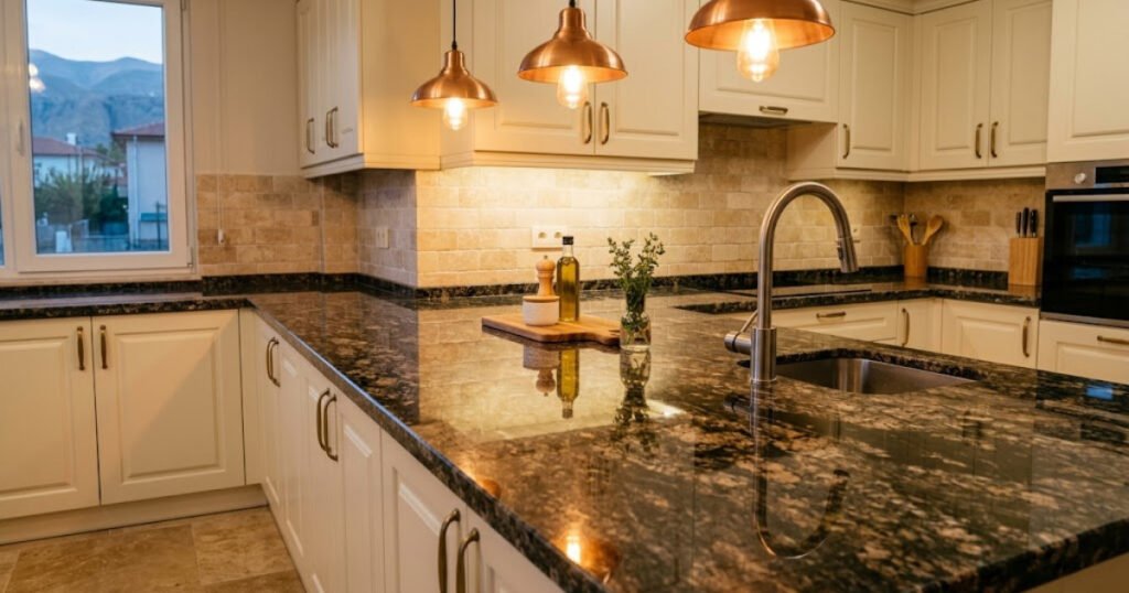 Granite countertop restored to a polished finish after professional repair