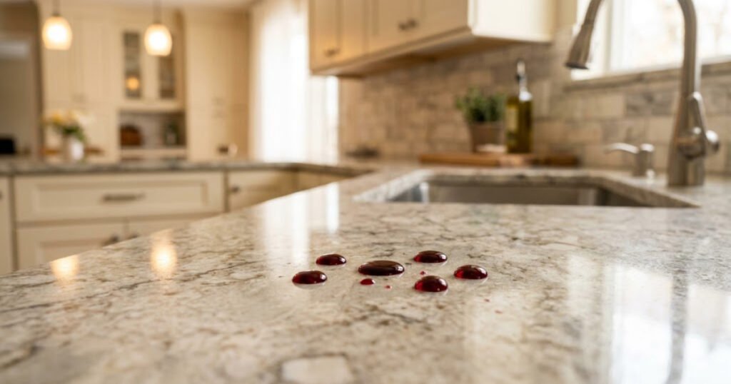 Wine beading on a sealed granite countertop that resists staining