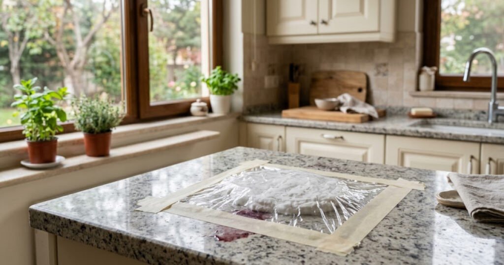 Baking soda poultice removing an oil stain from a granite countertop