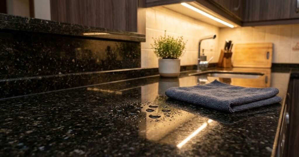 Water drop test showing when granite countertops need resealing
