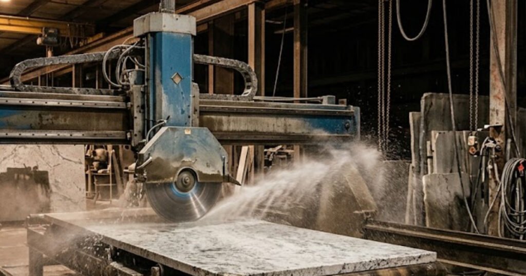 Countertop fabricator cutting a granite slab on a bridge saw