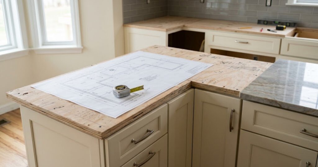 Countertop template and seam layout on kitchen cabinets before fabrication