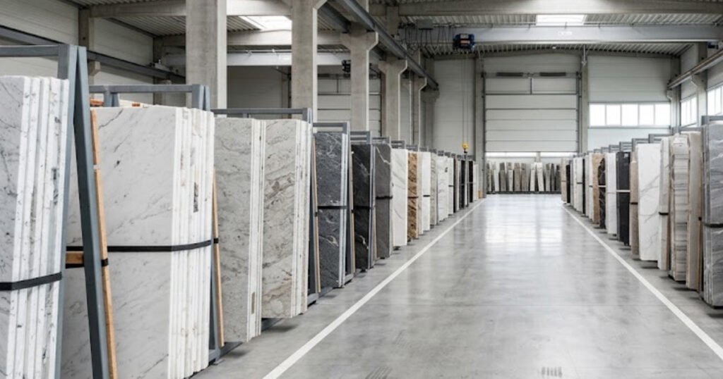Selecting a stone slab at a countertop fabricator warehouse