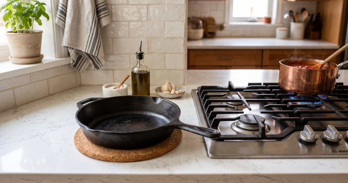 Cast iron skillet on a trivet protecting a quartz countertop from heat