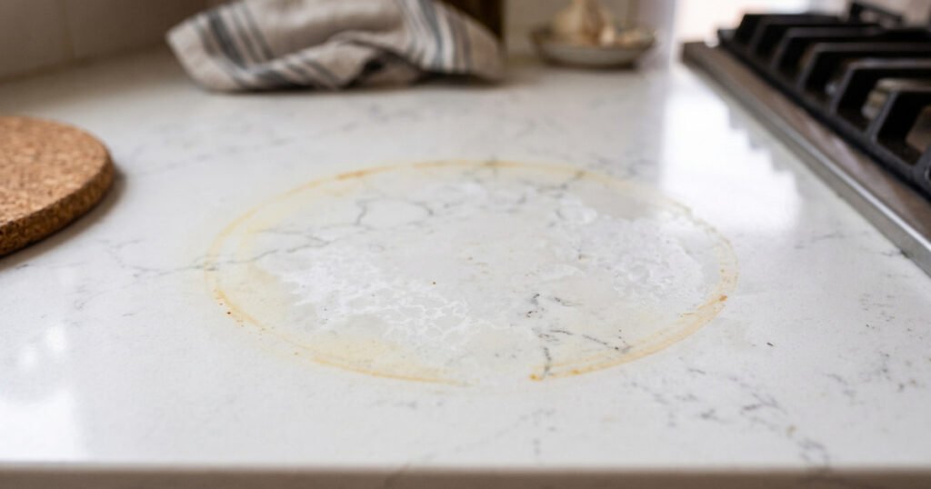 Heat damage ring on a white quartz countertop