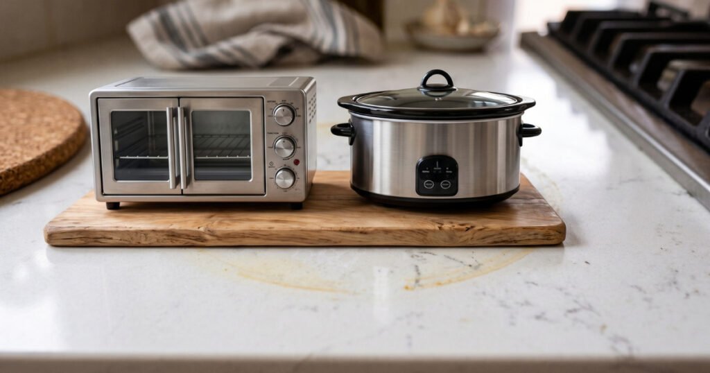 Small appliances placed on a board to protect quartz countertops from heat