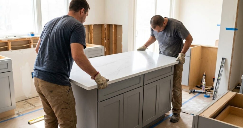 Installers setting a quartz countertop on kitchen cabinets
