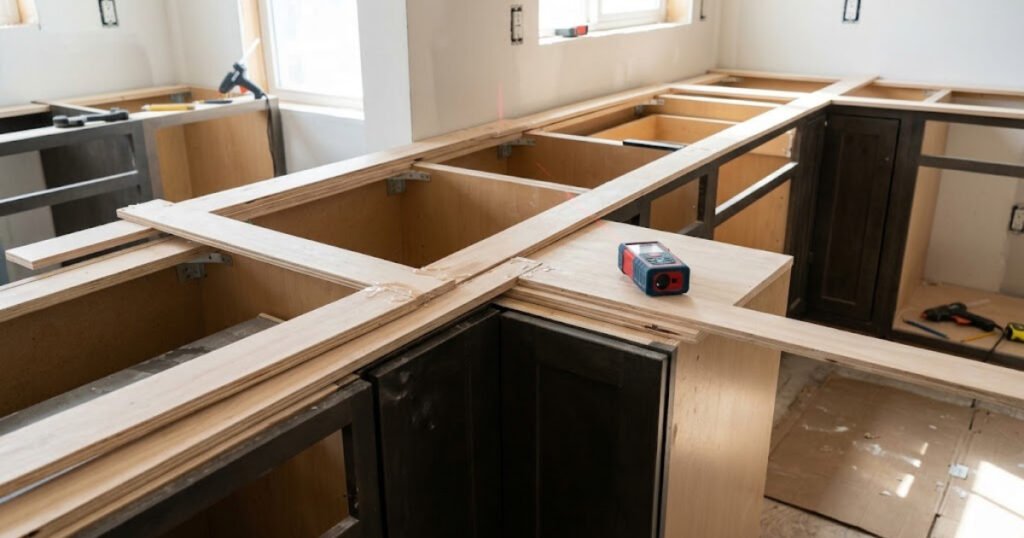 Countertop template on kitchen cabinets before fabrication