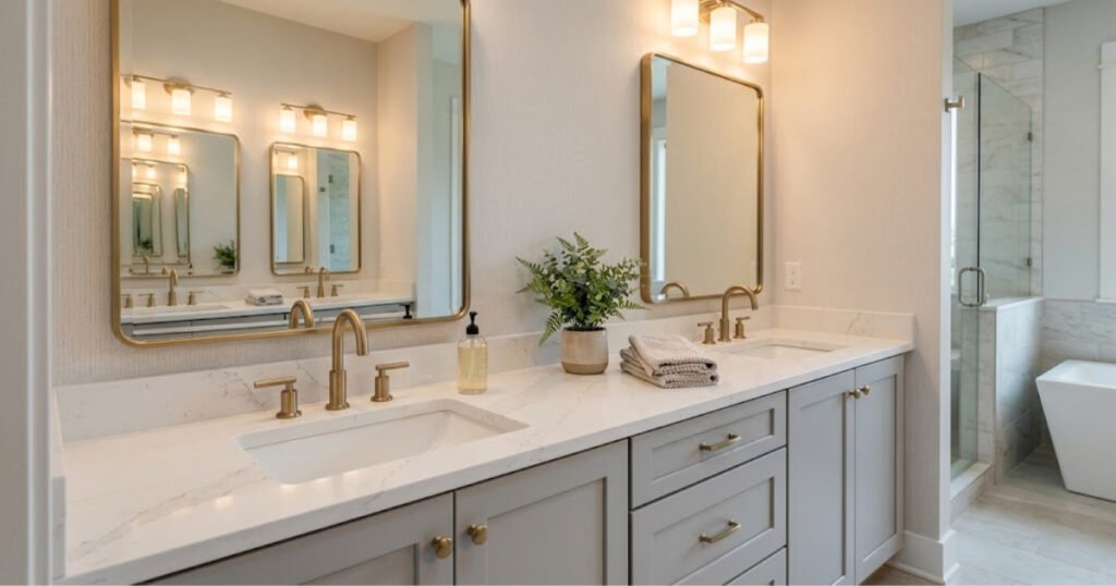 Double bathroom vanity with white quartz countertop